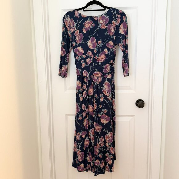 Women Anthropologie Maeve Heppel Ruched Midi Dress in Dark Blue Size Medium - Picture 5 of 10